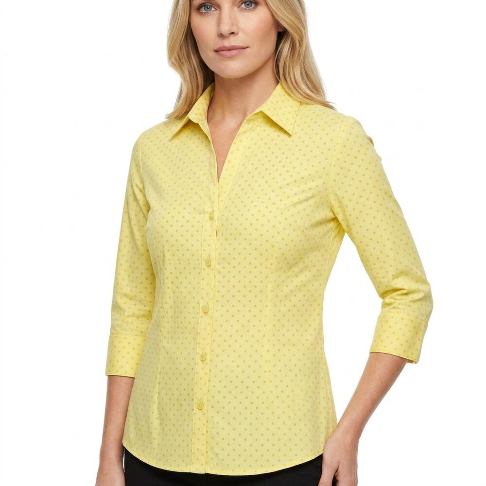 Express Design Studio Yellow Polka Dot Stretch Button-Up Shirt Women Size M